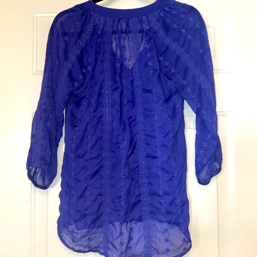 Olive & Oak Embroidered Sheer Top Blue NWOT Hi Lo Split Neck Boho Career